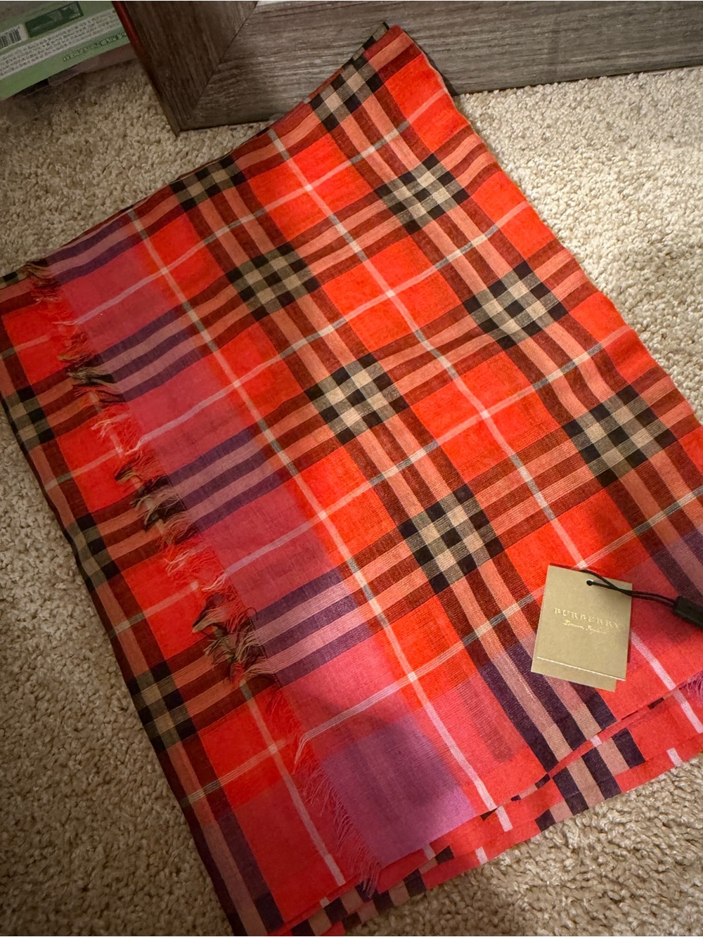 Burberry Red and Black Plaid Wool Scarf